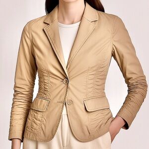 Jacob Jacket 100% Cotton Blazer Cropped Beige Ruched Panels + Sleeves Unlined 6
